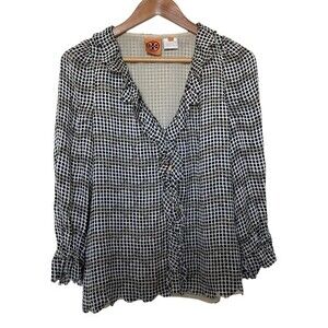 Tory Burch Button Down Blouse w/ Ruffled front and Raw Hems. Dot Pattern. Size 6